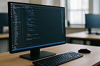 Desktop screen displaying code and app interface in a modern office, representing Mendix low-code development